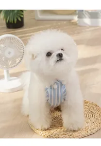 Gedetailleerde opname van schattige blauw-witte gestreepte huisdieren jurk voor honden zomer.