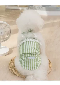 Leuke huisdier bretels rok met groene strepen, witte kanten afwerking en strik voor honden.