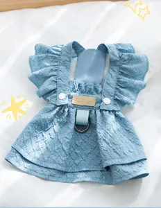 Cute pet denim dress with ruffles and strap design, sweet style for small dogs and cats.