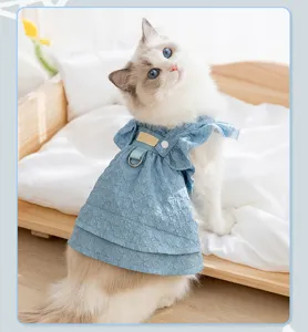 Cute cat dog denim dress spring summer pet suspender skirt ruffles cute pet apparel clothing