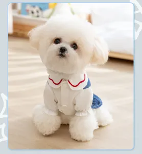 Cute spring summer pet dog denim dress sweet puppy clothes small dogs apparel detail view.