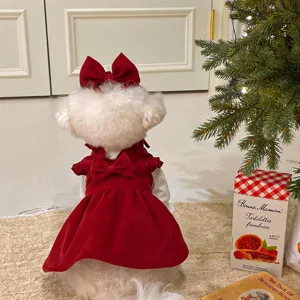 Christmas red corduroy princess dress for small dogs and cats, cute holiday pet apparel.