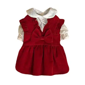 Christmas red princess dress for small dogs and cats, winter warm pet apparel with bow.
