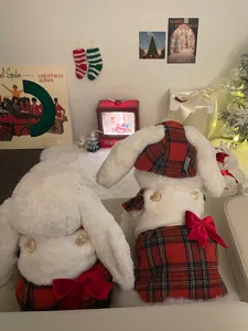 Weihnachten Haustierkleidung Detailansicht mit rotem Karorock und süßer Hasenmütze für Hunde.