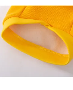 Close-up detail of yellow pet dog hoodie with warm fleece lining and neat rib collar.