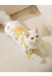 Cute cat autumn winter quilted jumpsuit with strawberry print, warm four-leg pet clothing.