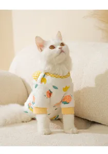 Cozy cotton quilted cat onesie with cute cartoon print, yellow plaid collar for autumn winter.