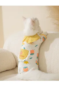 Cute cat winter warm four-leg pet clothes, 100% cotton strawberry print belly protection apparel.