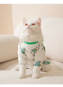 Cozy quilted pet jumpsuit for cats and dogs, featuring cute cartoon dinosaur print and green collar.