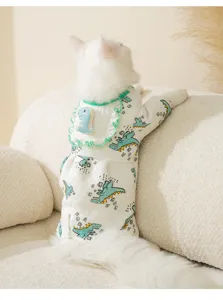 Cute dinosaur print pet four-leg jumpsuit, warm cotton winter cat clothes apparel.