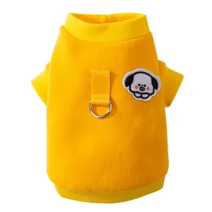 Cute yellow pet dog sweatshirt with traction D-ring and cartoon puppy patch for autumn winter.