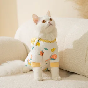 Cute cotton cat winter warm onesie with strawberry print and yellow plaid collar.