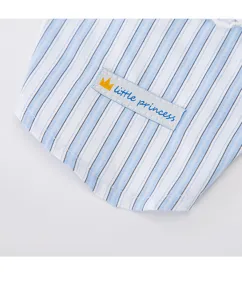 Detail van gestreepte hondenjurk met bandjes, blauw-witte stof met kant en label.
