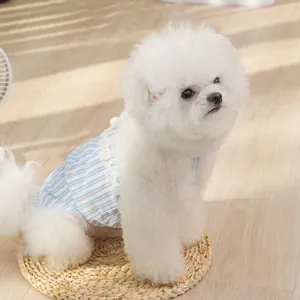 Schattige blauw gestreepte kanten huisdierenjurk voor honden prinsessenstijl zomerhoofdaanzicht
