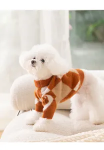 Cute rabbit argyle pet sweater for autumn and winter, warm faux mink velvet dog clothes detail.