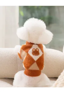 Cute rabbit argyle pet sweater detail view, soft warm faux mink fleece dog winter apparel close up.