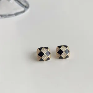 Chic square diamond enamel earrings, elegant black and gold chic fashion jewelry for modern women