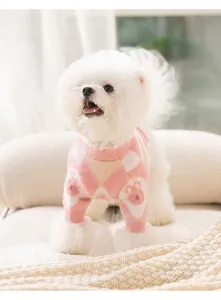 Detailed close-up of a cute pet wearing a pink argyle knit sweater with adorable rabbit patterns.