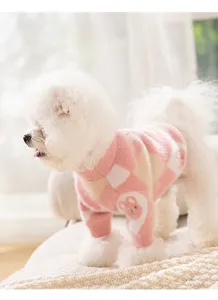 Cozy pink argyle pet sweater for dogs and cats, warm thickened faux mink winter clothes.