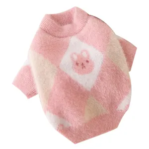 Warm winter pet sweater for dogs and cats, cute pink argyle knit clothes with rabbit pattern.
