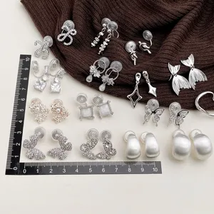 Zircon butterfly clip-on earrings set, high-end electroplated silver metal, detail view.