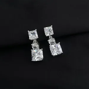 Sparkling square zircon drop earrings featuring silver tone metal, elegant design for daily wear.