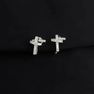Silver pavé zircon cross clip-on earrings, chic geometric style daily wear jewelry for women.