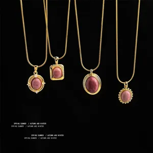 304 Stainless Steel 18K Gold Plated Natural Stone Wood Grain Pendant Necklace For Women Luxury Geometric Oval Clavicle Chain