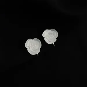 Close-up detail of frosted white carved rose clip-on earrings, elegant floral jewelry design.