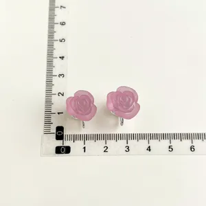 Pink frosted rose clip-on earrings, non-pierced floral ear jewelry for women gifts.