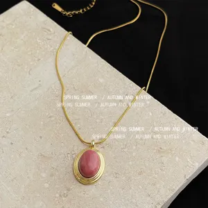 Gold stainless steel oval pink stone pendant necklace elegant clavicle chain daily wear
