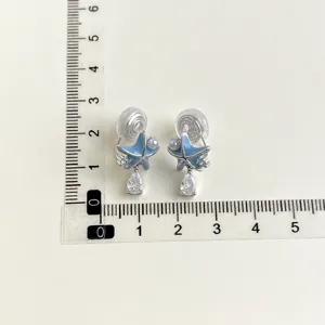 Blue starfish clip on earrings with cubic zirconia drop, no pierced ears jewelry