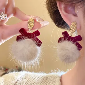 Vintage Flocked Bowknot Faux Fur Ball Drop Earrings For Women 925 Sterling Silver Post Alloy Winter Red White Earrings Christmas Jewelry Gift
