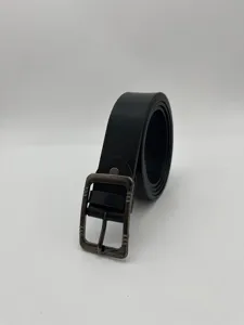 Men's black casual faux leather belt with vintage metal pin buckle, detailed close-up.