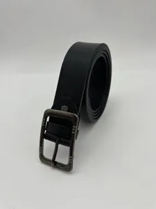 Detailed close-up of a casual black faux leather men's belt featuring an antique metal pin buckle.