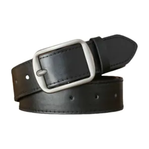Classic black leather belt featuring a silver pin buckle, stylish casual waist belt for daily wear.