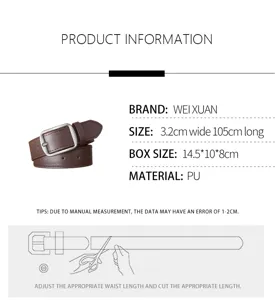 Detail shot of the brown PU leather belt with silver pin buckle, showing size specs.