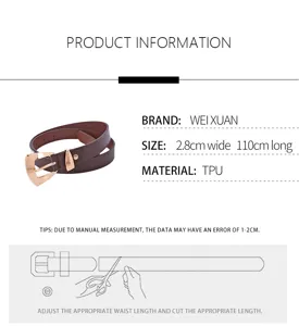 Detailed view of the women brown TPU belt showing size dimensions and adjustable length guide.