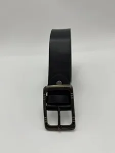 Detailed close-up view of a men's black faux leather belt with a vintage metal pin buckle.