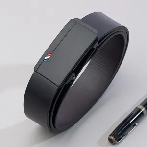 Men black automatic buckle belt with stylish tricolor accent stripes for casual wear.