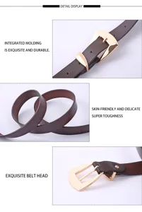 Women brown belt detail shot showing exquisite gold buckle and skin-friendly durable texture.