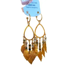 Retro gold teardrop natural stone leaf tassel earrings for women elegant party jewelry gifts.