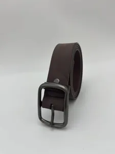 Close-up detail of the brown faux leather men belt with dark grey pin buckle.