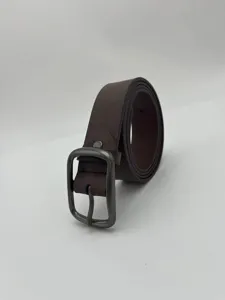 Detailed closeup of mens casual brown faux leather belt with dark metal pin buckle design.