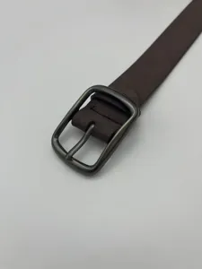 Men's minimalist casual dark brown faux leather belt with matte grey metal pin buckle detail.