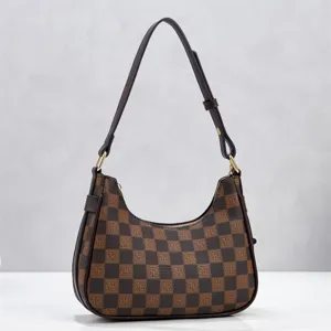 Brown checkered hobo shoulder bag detail, featuring adjustable strap and gold hardware.
