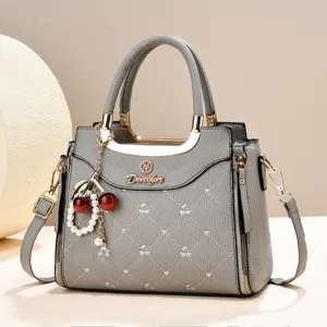 Grey women handbag elegant crossbody bag large capacity daily commuter PU leather shoulder bag.