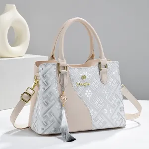 Elegant women shoulder handbag with jacquard pattern tassel decor trendy stylish crossbody bag
