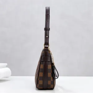 Brown checkered shoulder bag women chic retro hobo handbag commuter versatile purse new