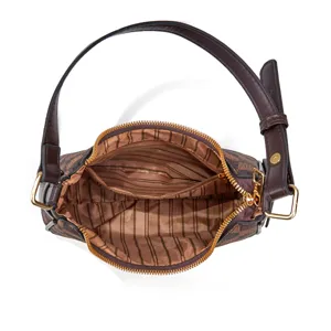 Women's underarm shoulder bag brown monogram retro commuter handbag with zipper and strap.